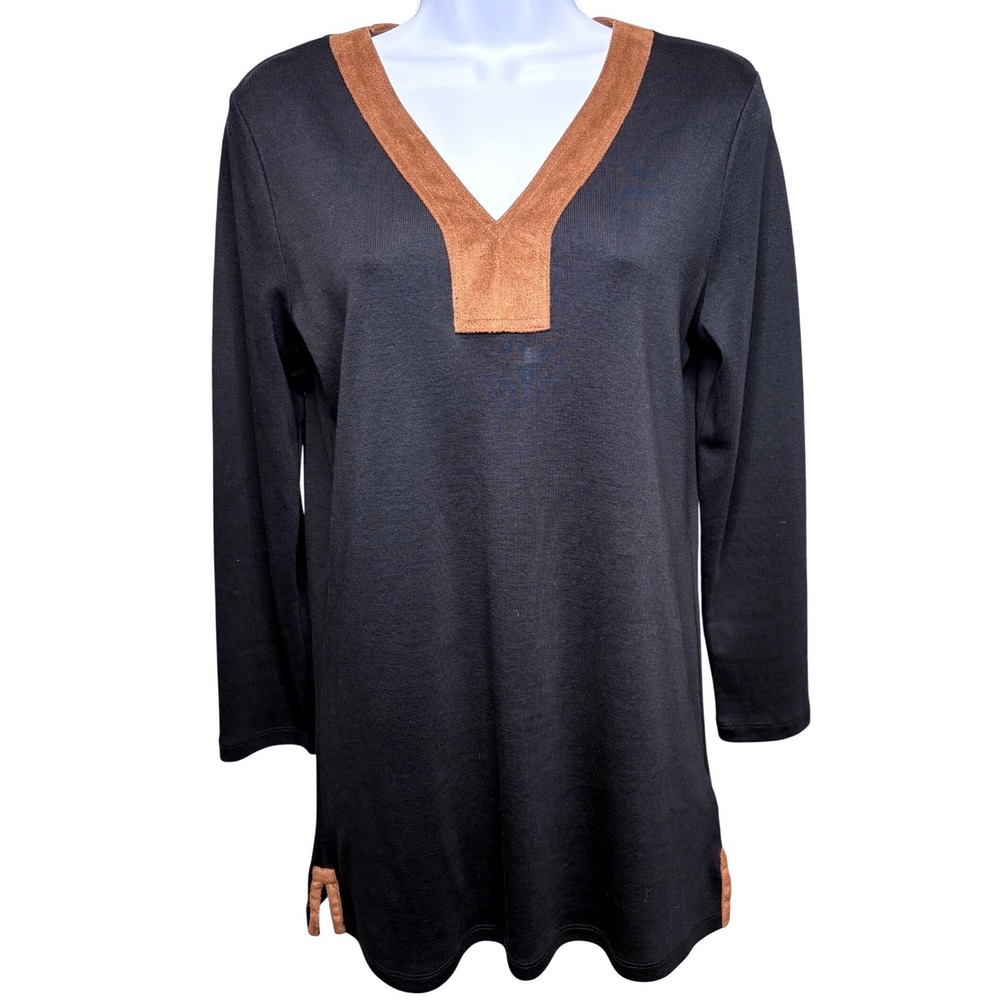 LAUREN RALPH LAUREN Womens Black Tunic Top w/Faux Suede Trim M Minimalist Chic